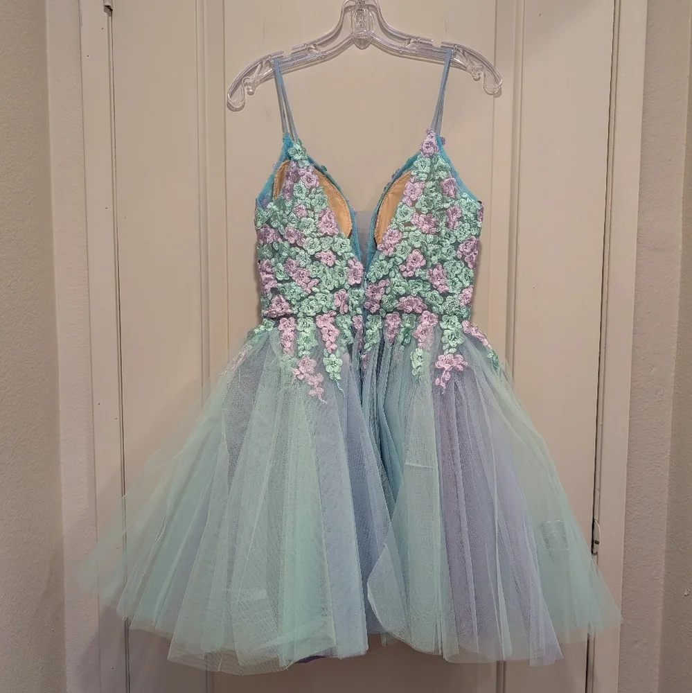 Jovani Multi Floral Embroidered Bodice Tulle Mini Dress Size 4 - Picture 7 of 11